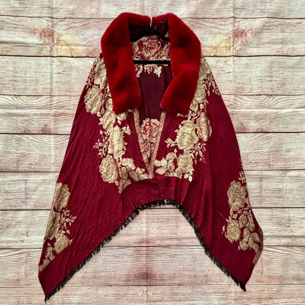 Elegant Floral Accented Cape with Faux Fur Collar - Colors Red & Gold - One Size